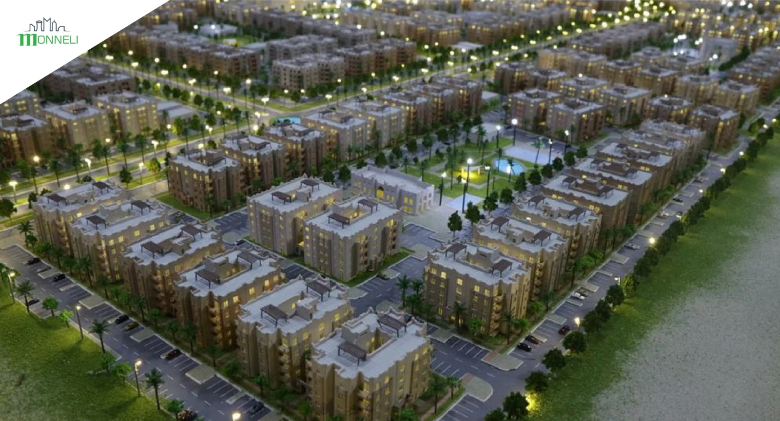 Architectural visualization of residential blocks and landscaped communal areas